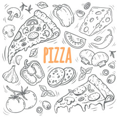 hand drawn vector set of pizza. Set of pizza ingredients in doodle style isolated. Design on white background for for menus, pizzerias, restaurants, banners, markets. 