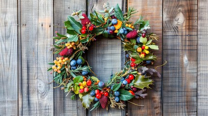   A wreath adorned with berries and holly leaves hangs on a wooden fence