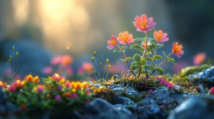 Obraz premium Small pink flowers on forest background outdoors. Light air, free space.