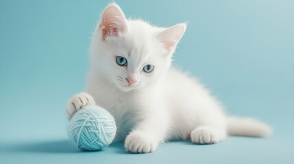 A kitten is running on a blue background