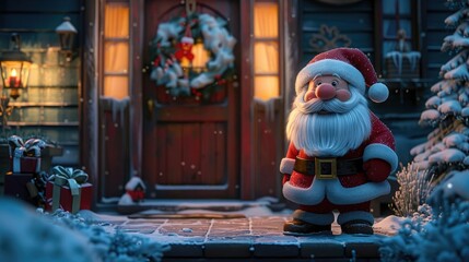 Fototapeta premium A jolly Santa Claus stands outside a house adorned with a festive Christmas wreath