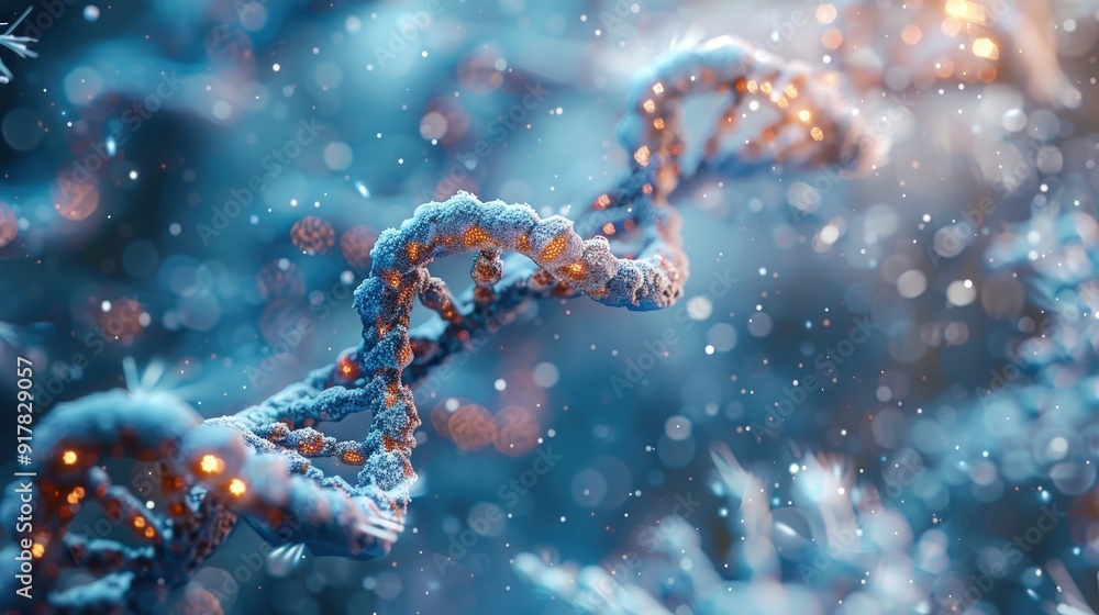 Poster a 3d rendering of a dna strand with glowing particles in the background.