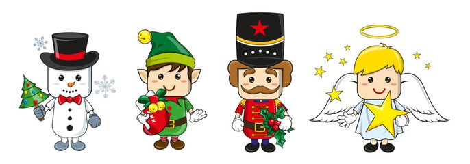 Set of christmas characters design. Vector cartoon of snowman, elf,  and angel isolated in white background.