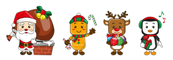 Set of christmas characters design. Vector cartoon of santa claus, ginger bread, reindeer and penguin isolated in white background.