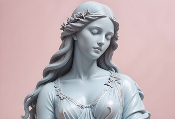 A marble Young woman with long hair closes her eyes on the pink background. With flowers in her hair