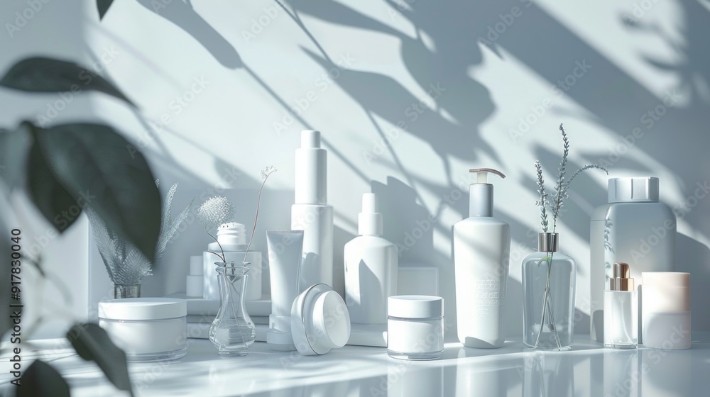 Poster a white counter with many bottles and vases of various sizes and shapes