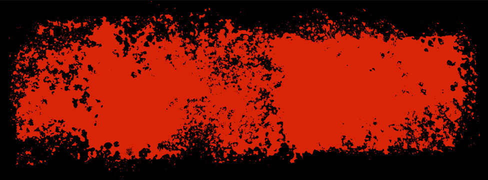 Grungy Halloween red and black background. Creepy spooky vector hand drawn ink banner bg. Punk sponge stamps, splatter sprinkles texture. Grunge paint stroke design. Horizontal Halloween frame border