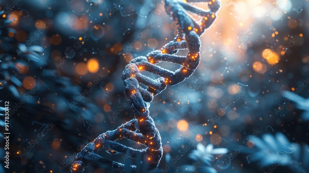 Poster a 3d rendering of a dna strand with glowing particles in the background.