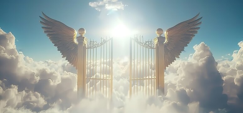 Two angels with golden wings stand at a gate leading to heaven, a bright light shines through. Concept of faith, afterlife, and spirituality. - Powered by Adobe