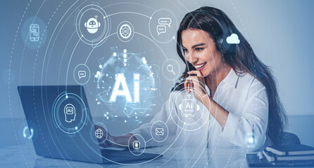 Woman with headset using laptop, surrounded by AI concept icons.