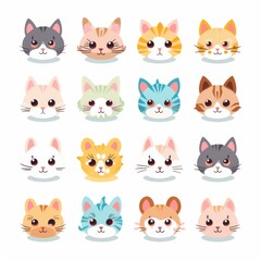 Fototapeta premium Cute Cat Illustrations - Adorable Cartoon Kitten Faces Collection for Kids and Pet Lovers