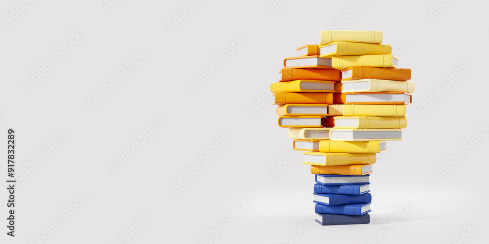 Poster stack of colorful books forming a light bulb shape on white background. 3d rendering