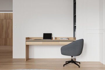 Modern minimalist home office setup with wooden desk and grey chair. 3D Rendering