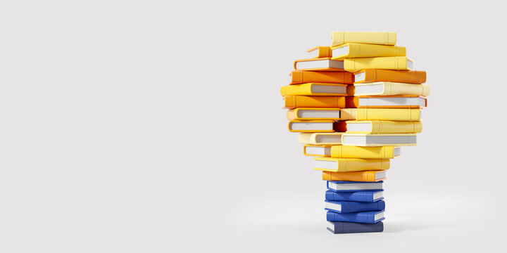 Stack of colorful books forming a light bulb shape on white background. 3D Rendering