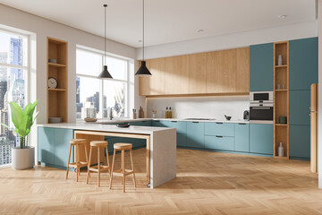 Modern kitchen interior with wooden cabinets and city view. 3D Rendering