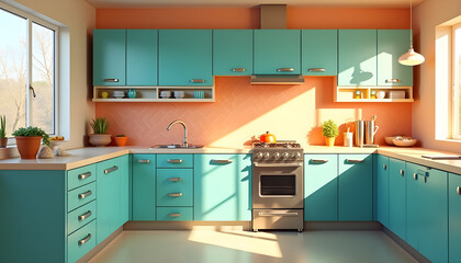 Fototapeta premium Bold Retro-Futuristic Kitchen: Teal and Orange Color Block Design with Vintage Flair