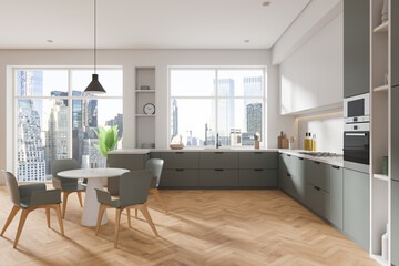 Modern kitchen interior with city view and dining area. 3D Rendering