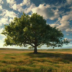 Obraz premium A huge tree on the lawn under the blue sky