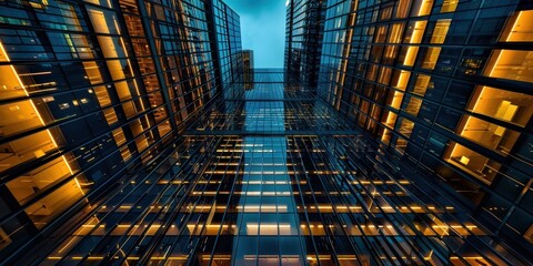 A city skyline with tall buildings and a dark sky