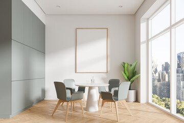 Home living room interior with dining table and chairs, window. Mockup frame