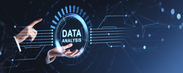 Data analysis hands and digital elements on dark blue background.