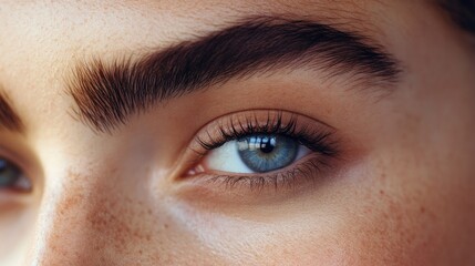 Obraz premium Close-up of a woman face with prominent, bushy eyebrows, highlighting her natural and distinctive beauty.