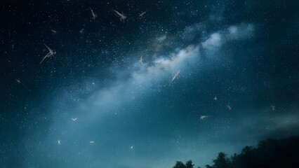 Fototapeta premium Night sky full of stars and some clouds with a bright light on the side.