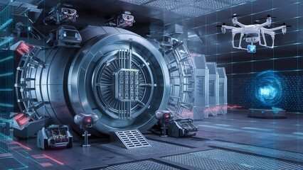 Advanced blue glowing lock with keyhole indicates information security.