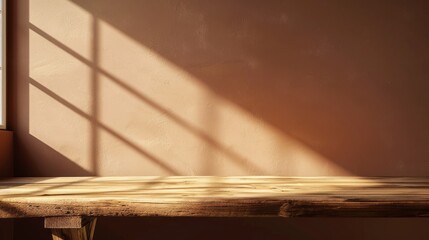 A wooden table with a window in the background