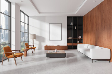 Modern living room with large windows and cityscape view. 3D Rendering