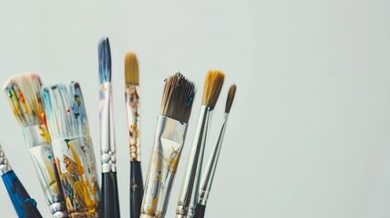 Fototapeta premium Paintbrushes covered in paint against a light background with copy space