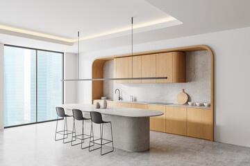 Modern kitchen interior with wooden cabinets and island. 3D Rendering