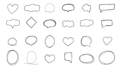 Speech bubble frame scribble fast hand drawing, pent or marker drawing. Comic sketch border, highlight. Cloud, heart, circle bubble chat, text box.