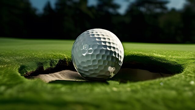 a golf ball sitting on top of a green field next to a hole in the grass.