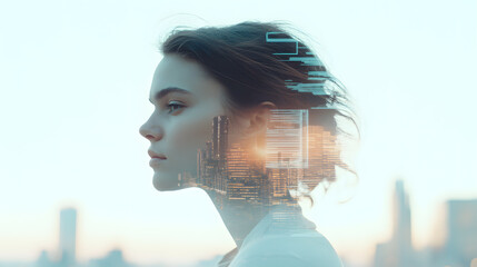 Side view of a woman blended with a city building in double exposure, urban lifestyle, modern architecture, and environmental concerns. Isolated on a background, city life and environmental impact.