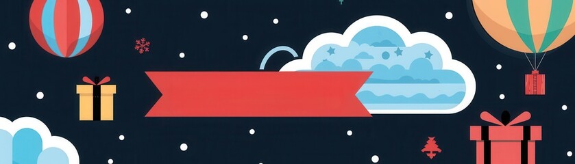Fototapeta premium Festive holiday background with hot air balloons, gift boxes, clouds, and decorative elements on a dark backdrop. Perfect for celebrations.