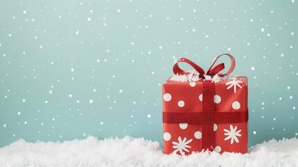Festive red polka dot gift box with ribbon on snow-like surface against blue backdrop, perfect for Christmas or holiday-themed designs.