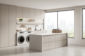Modern laundry room with city view and sleek design. 3D Rendering