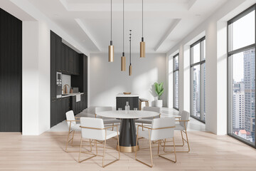 Modern kitchen interior with dining area and city view. 3D Rendering