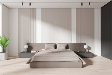 Modern minimalist bedroom with neutral tones and elegant decor. 3D Rendering