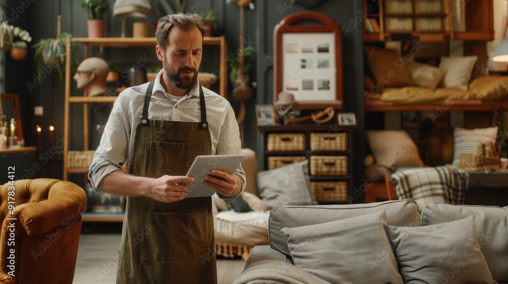 Poster a man in a green apron is standing in a room with a tablet in his hand