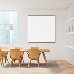 Elegant home living room interior with table and chairs, window. Mockup frame