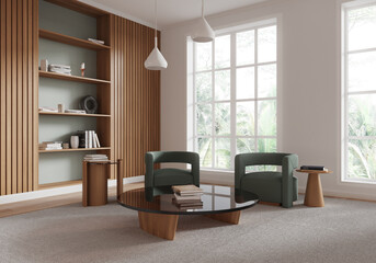 Stylish living room interior with two armchairs, shelf and panoramic window