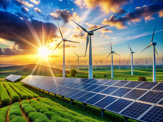 Solar cells, wind turbines, energy renewable system solutions