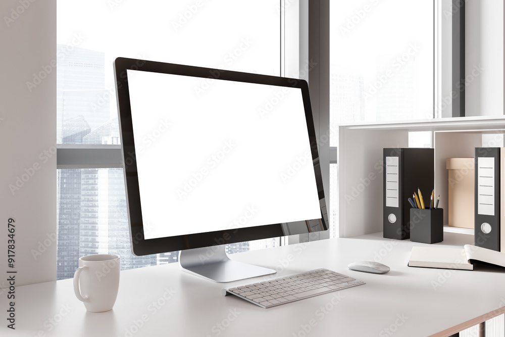 Poster office coworking interior with pc computer on table with mockup display, window