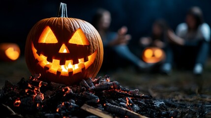 A traditional Halloween bonfire with people gathered around telling ghost stories.