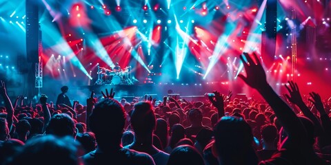 Energetic concert venue packed with people enjoying a live performance, with bright stage lights, large speakers, and an immersive crowd experience