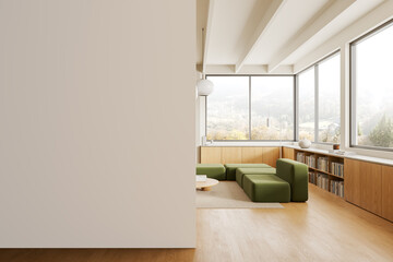 Beige living room interior with green sofa, shelf and window. Mockup wall