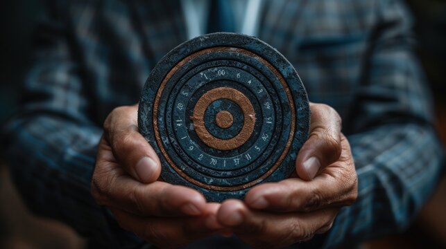 A person holding a circular puzzle with numbered rings in their hands.