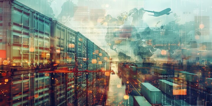 A cityscape with a plane flying over it - Powered by Adobe